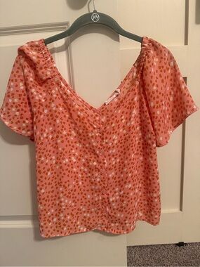 Lightweight Orange Printed Short-Sleeve V-Neck Top